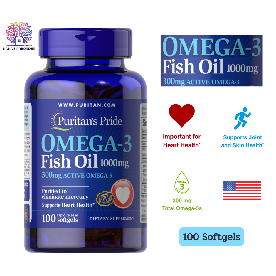 Puritan's Pride Omega-3 Fish Oil น้ำมันปลา 1000 mg (300 mg Active Omega-3) ขนาด 100 เม็ด ของแท้นำเข้าจากอเมริกา