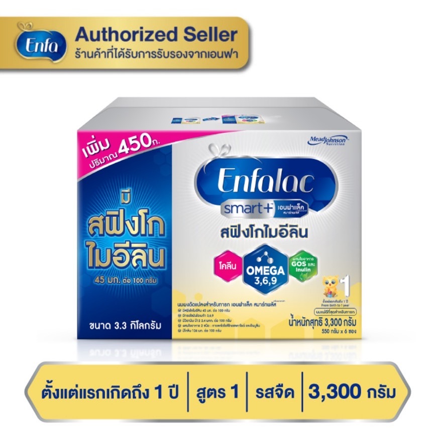 Enfalac Smart+1 เอนฟาแล็ค สมาร์ทพลัส นมผง สูตร 1 รสจืด ขนาด 3300 กรัม (550 กรัม X 6 ซอง)