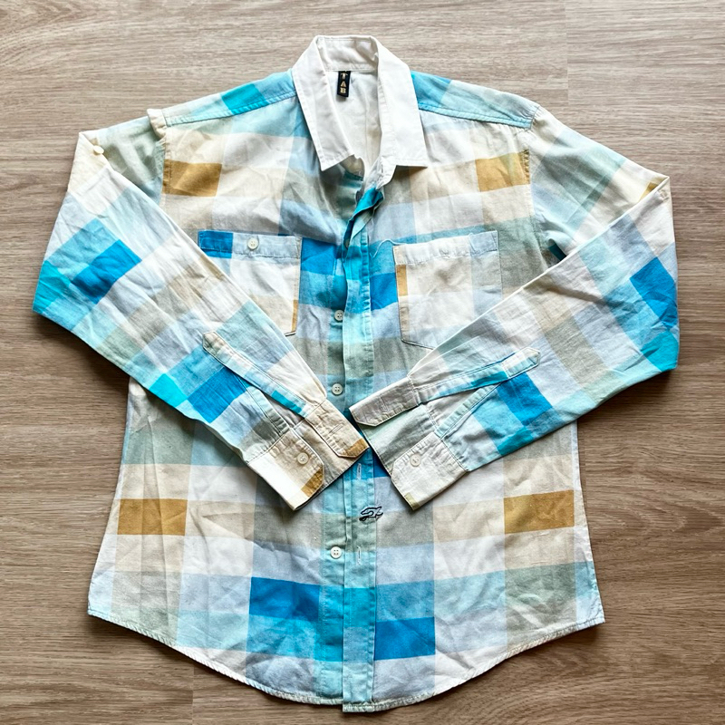 👕 มือสอง👕 เสื้อเชิ้ต แขนยาว ABnormal คอปก ลายสก็อต โทนสีฟ้า น้ำตาล ปักโลโก้ ผ้าดี คัตติ้งดี ผ้าใส่สบ