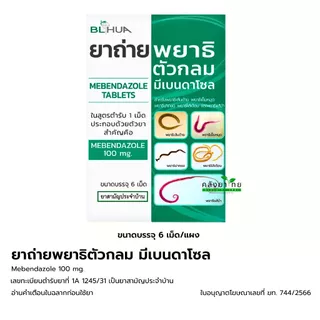 ยาถ่ายพยาธิตัวกลม Mebendazole 100mg. ยาถ่ายพยาธิ แผงละ 6 เม็ด