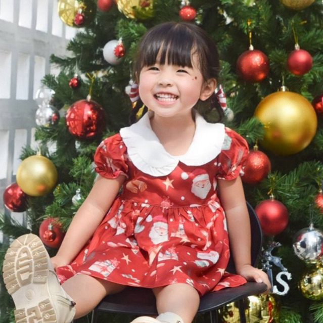 xmas คริสมาส ชุดเดรสเด็กผู้หญิง เดรสเด็กหญิงสีแดง ชุดกระโปรงเด็ก ชุดแดงเด็ก