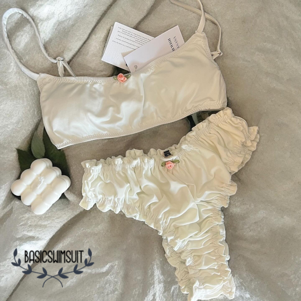 🧡Basic swimsuit💛ชุดว่ายน้ำ แฟชั่น สีขาว เซ็ต2ชิ้น ผ้าแห้งไว ชุดไปทะเล