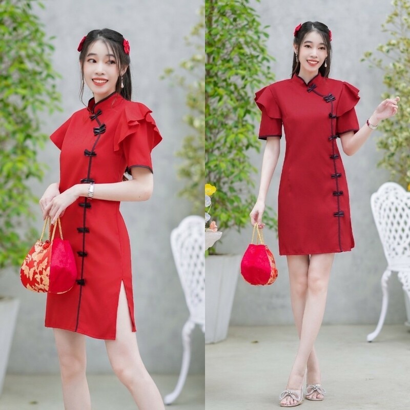 TT14332 เดรสกี่เพ้าแขนระบาย ruffle sleeve cheongsam dress