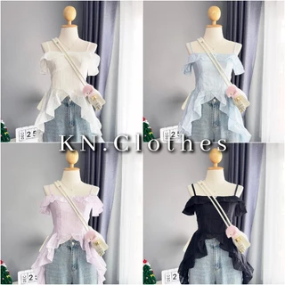 Jelly cami : เสื้อปาดไหล่แมงกระพรุน แต่งสายเดี่ยว เย็บตีเกล็ดหน้า เนื้อผ้าแก้วมีความเบาบาง KN.Clothes