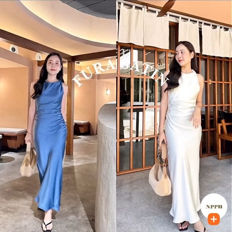 ชุดเดรสผ้าซาตินสีฟ้าแพทเทิร์นเป๊ะของ pumpkins_collection