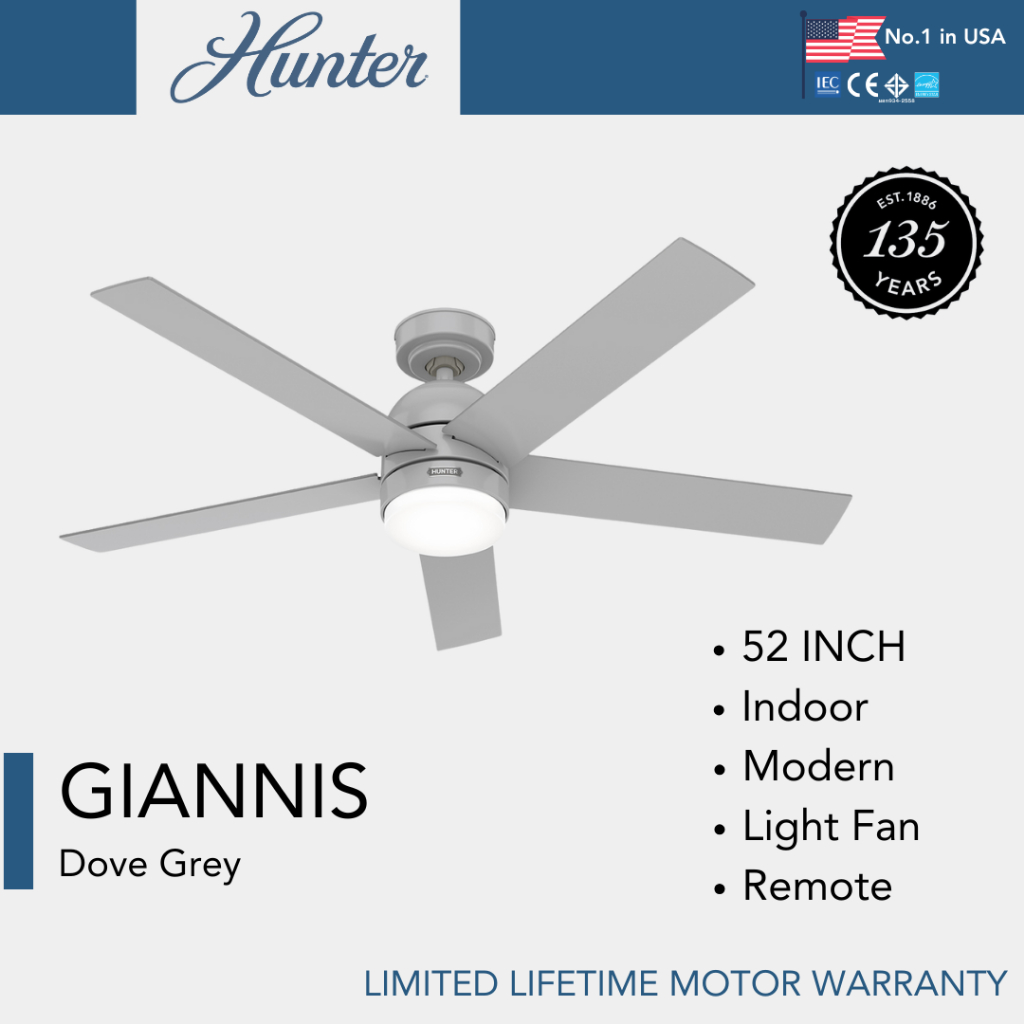 Hunter Fan พัดลมเพดาน รุ่น Giannis - Dove Grey 52" Indoor Modern