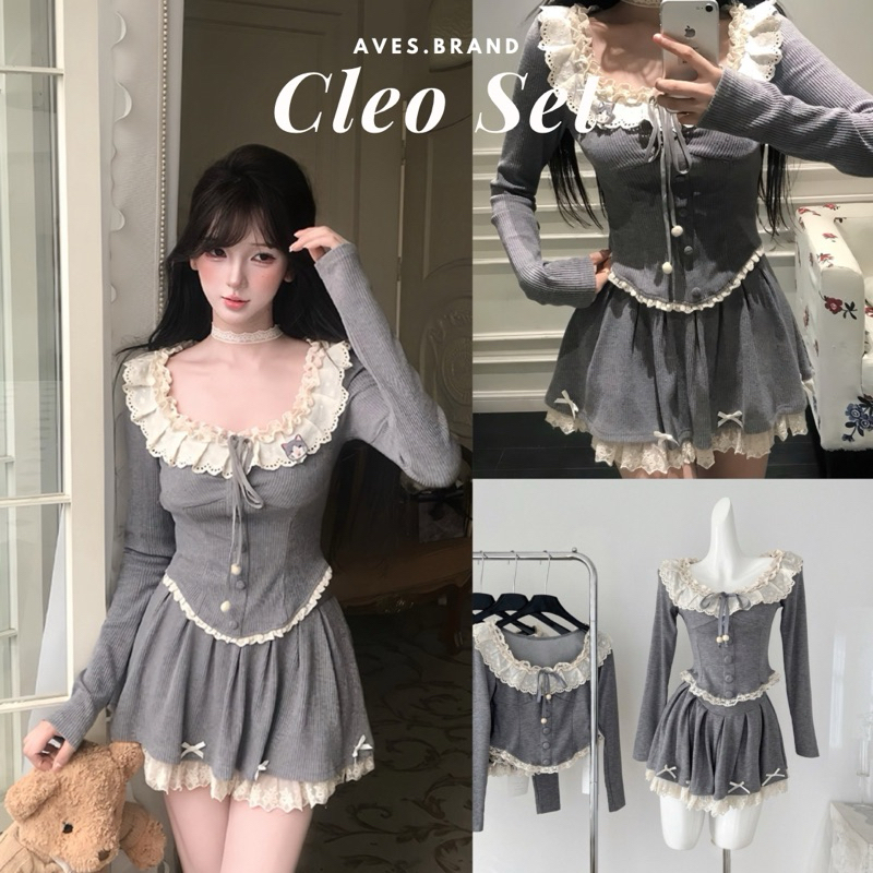 AVES.BRAND CLEO SET ชุดเซ็ตเสื้อกระโปรง สีเทา แต่งลูกไม้