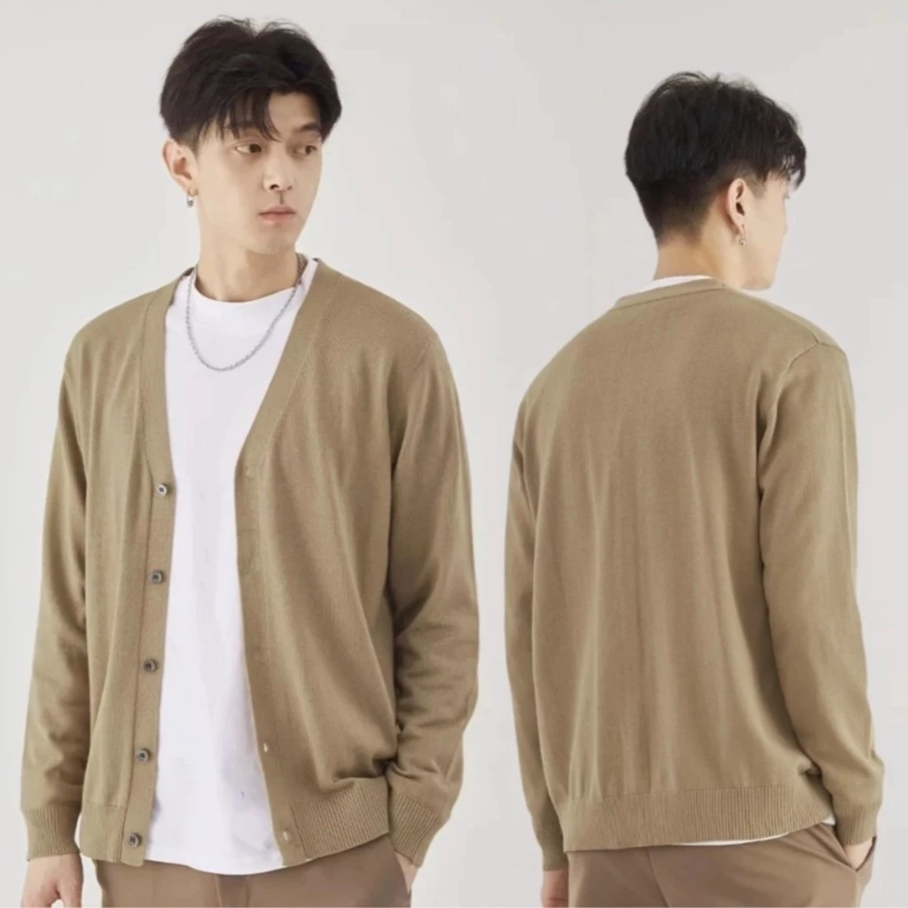 เสื้อไหมพรม เสื้อคาร์ดิแกน คอวี ผ้าถัก ใส่สบาย สีพื้น ทรงหลวม สไตล์เกาหลี สําหรับผู้ชาย