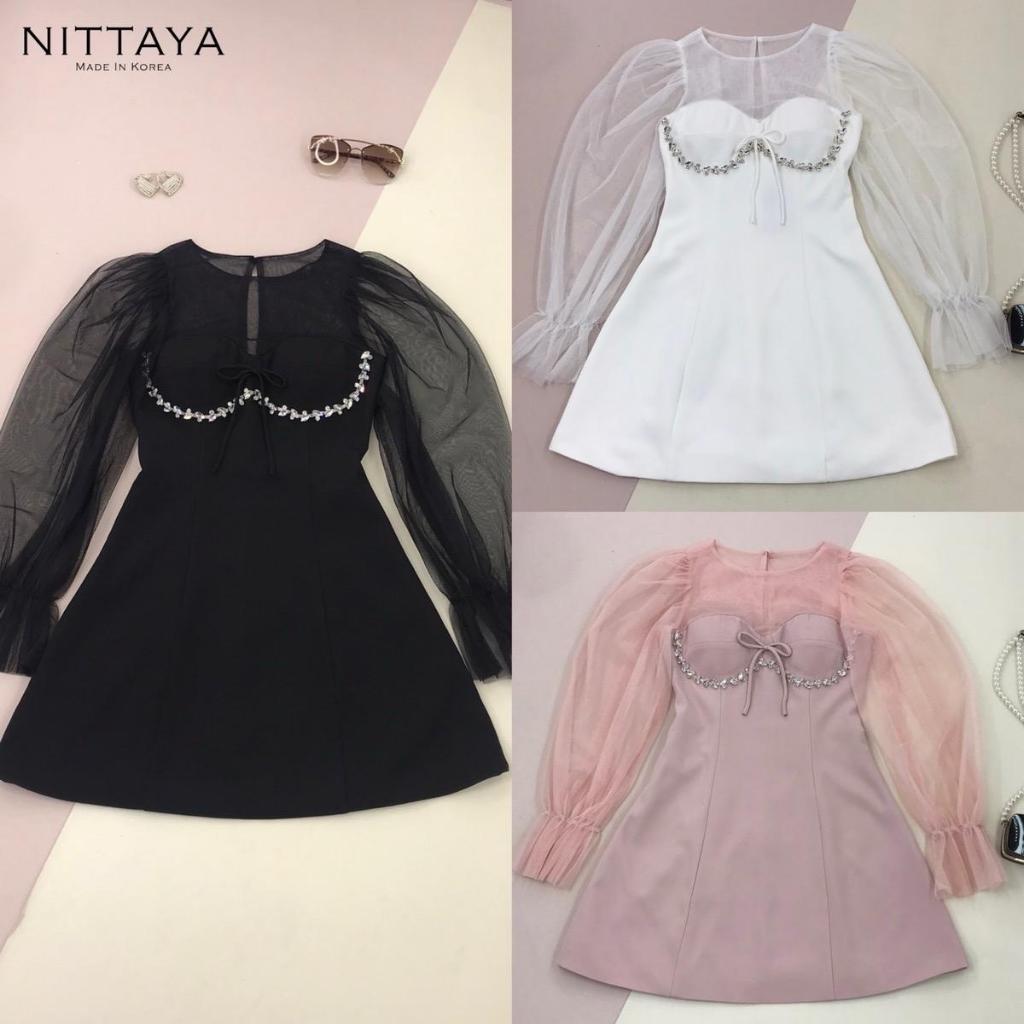 [NITTAYA] D2585 ชุดเดรสกระโปรงคอกลมแขนยาวซีทรูดีเทลช่วงอกแต่งเพชรสายผูกโบว์สวยหรูดูแพงผู้ดีลุคคุณสุดๆ ใส่เที่ยว อออกงาน