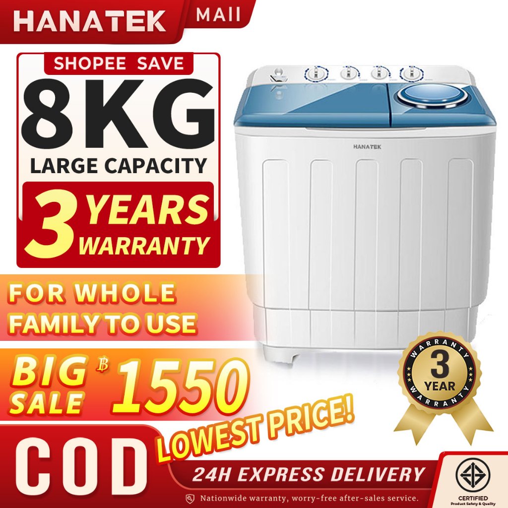 HANATEK เครื่องซักผ้ามินิฝาบน 2 ถัง เครื่องซักผ้า ขนาดความจุ 8Kg ฟังก์ชั่น 2 In 1 ซักและปั่นแห้งในตัวเดียวกัน