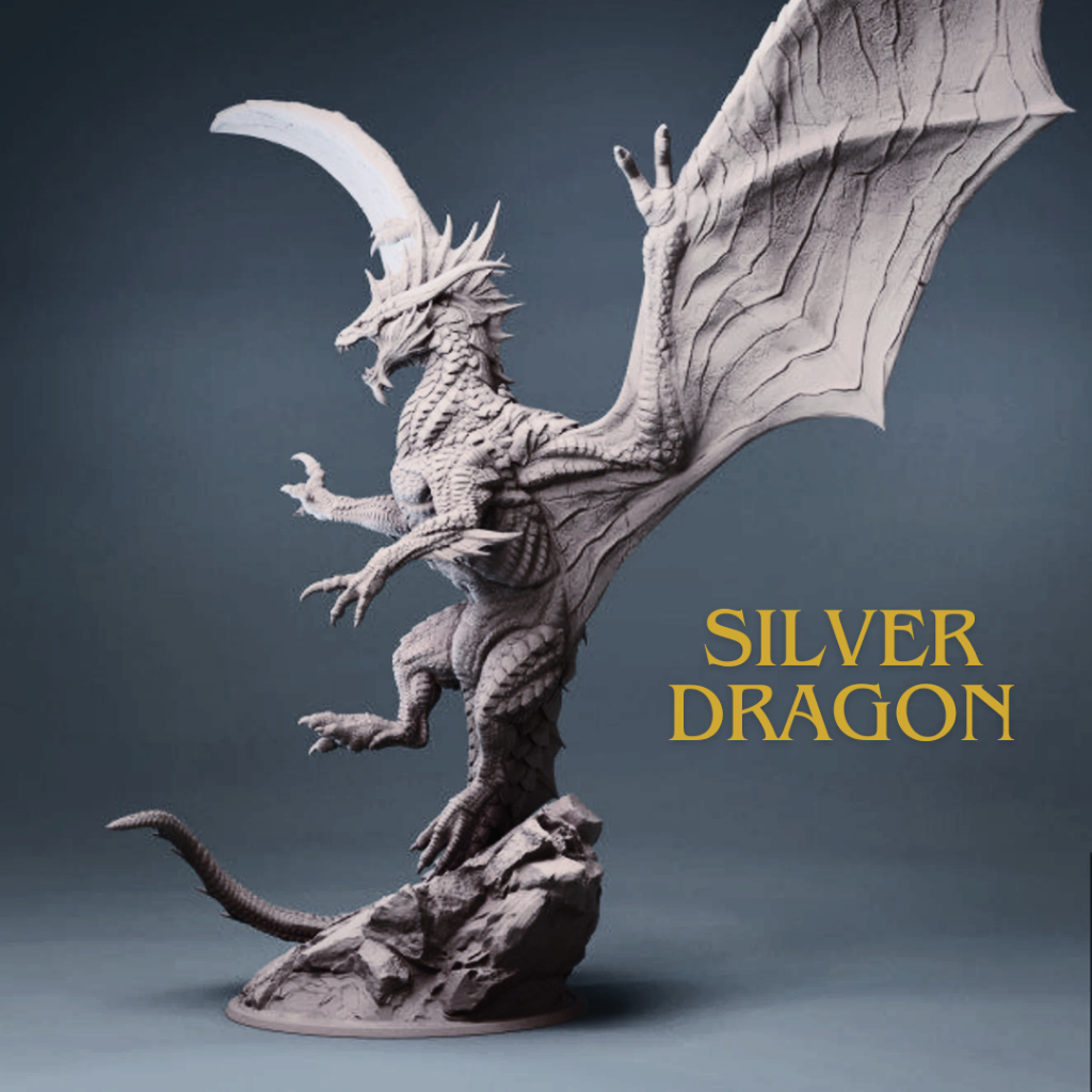 DND Dragon I Silver Dragon Base 4 inch สูง 30 cm. (งานเรซิ่นสีเทา)