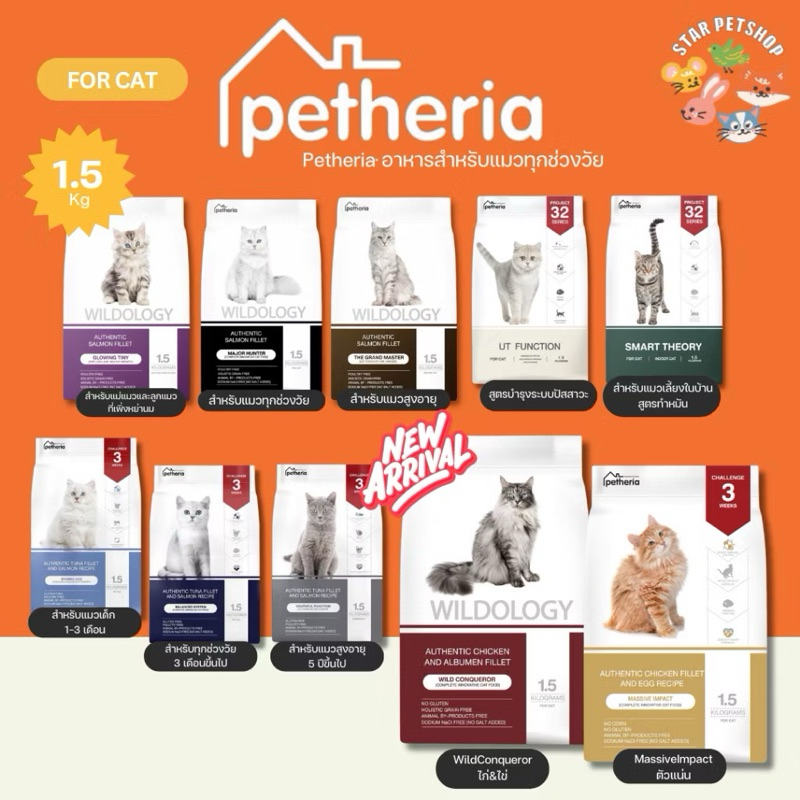 Petheria อาหารแมว เพ็ทเทอเรีย ครบทุกสูตร ลดการเกินก้อนขน ไม่เค็ม ขนาด 1.5 กิโล