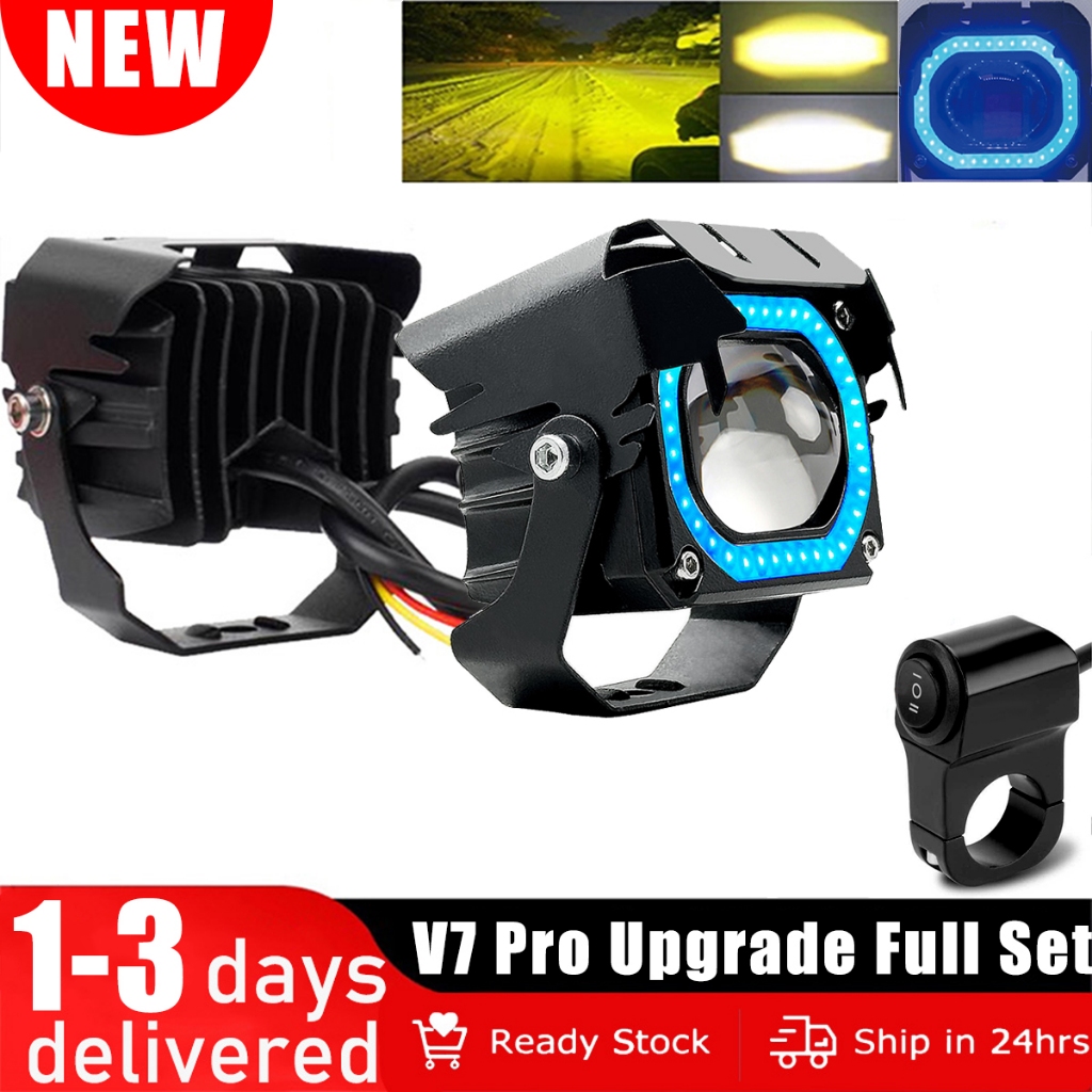 ไฟขับรถขนาดเล็ก 2 ชิ้น อัพเกรด V7 Pro ชุดที่ 2 ไฟสูง/ต่ำ LED สีขาว/เหลืองและน้ำเงิน