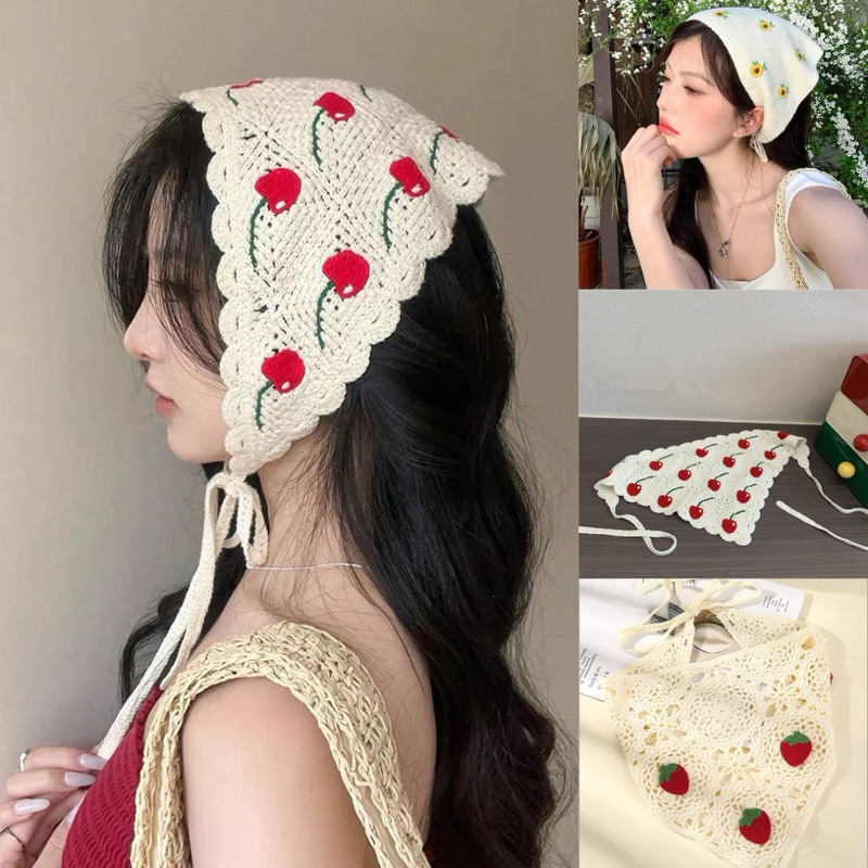 [Mimmuffin] ผ้าโพกหัวไหมพรม ผ้าโพกผม ผ้าสามเหลี่ยมไหมผมถัก โครเชต์ crochet