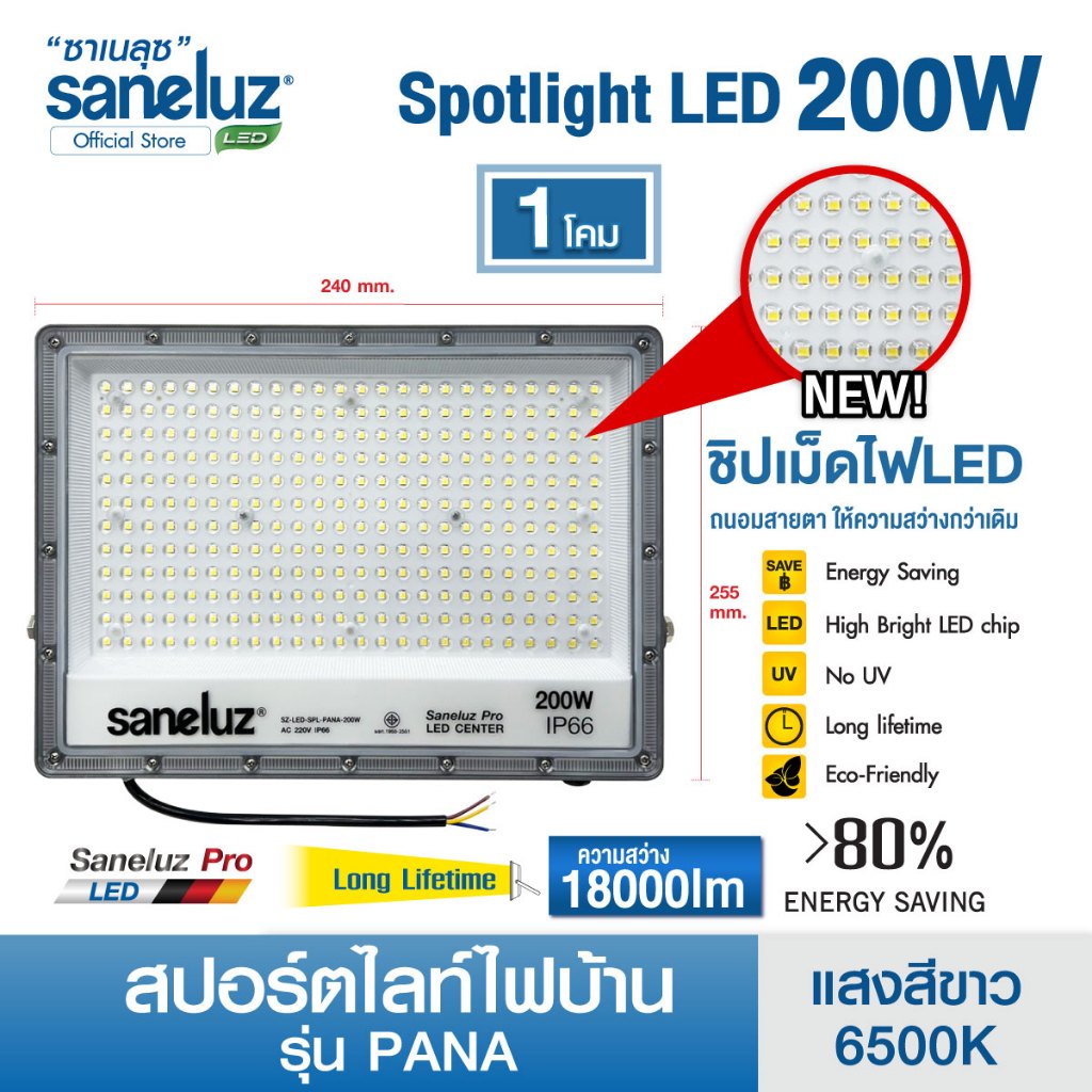 Saneluz สปอร์ตไลท์ LED 200W รุ่น PANA แสงสีขาว Daylight 6500K ฟลัดไลท์ IP66 ใช้ไฟบ้าน AC220V