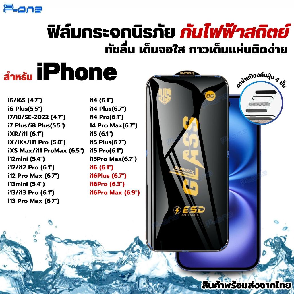 ฟิล์ม Glass ESD ป้องกันไฟฟ้าสถิตย์ สำหรับ iPhone ฟิล์มกระจก กันรอย 16 11 13 15 14 12 Pro Max Plus X Xr Xs Se 8 7 6 Mini