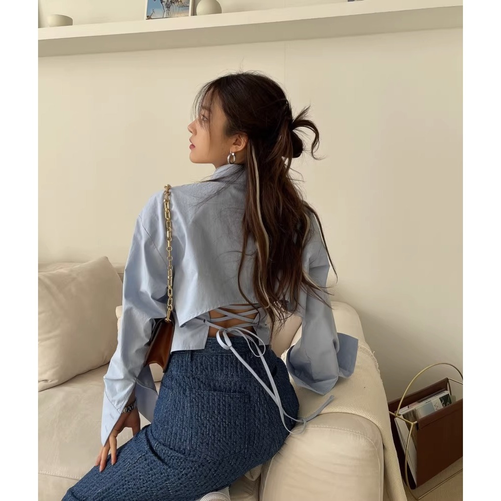 เสื้อเชิ้ตแขนยาว คอปก แต่งสายคล้องไขว้ เข้ารูป แต่งกระดุม แถวเดียว สไตล์เกาหลี แฟชั่นฤดูใบไม้ผลิ สำหรับผู้หญิง