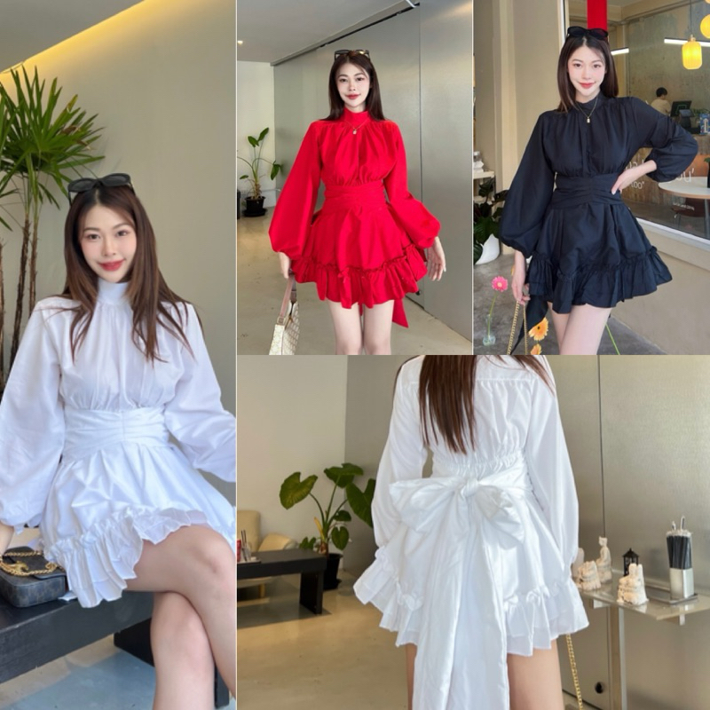 เดรสไฮโซเดรสแขนพองๆโบว์หลัง