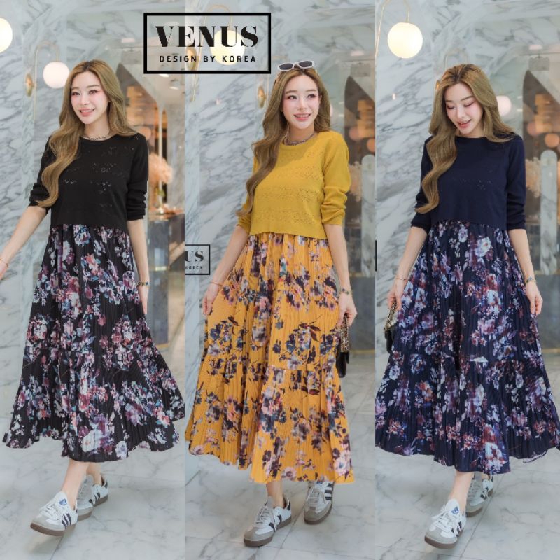 Flora Knitting Dress แม๊กซี่เดรสผ้าทอ ช่วงชายแต่งผ้าพีทเนื้อดี พิมพ์ลายดอกไม้