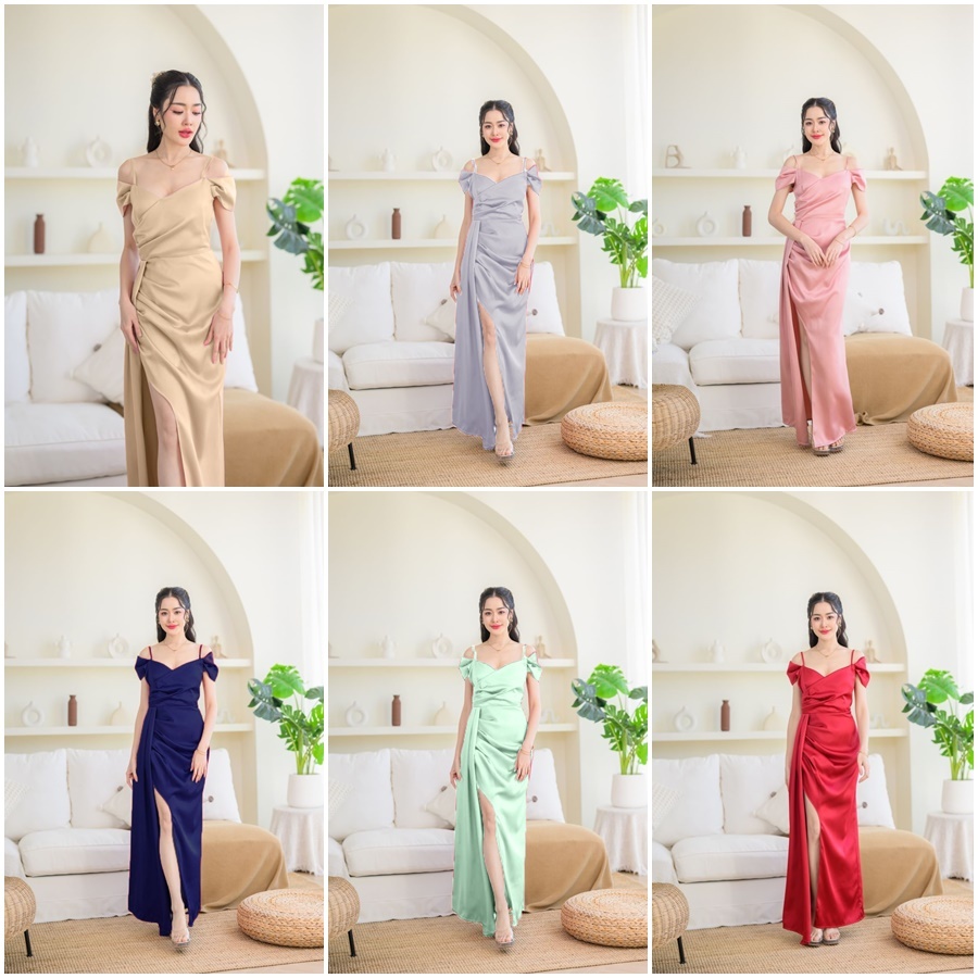 bs4270 เดรสยาวราตรี ออกงาน เพื่อนเจ้าสาว ผ้าซาร่า เรียบหรู