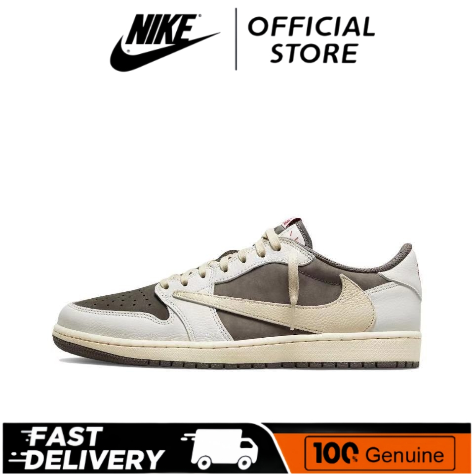 Nike TRAVIS SCOTT x AIR JORDAN 1 LOW Trendy Retro Low Top รองเท้าผ้าใบสีขาวน้ำตาลของแท้ 100%