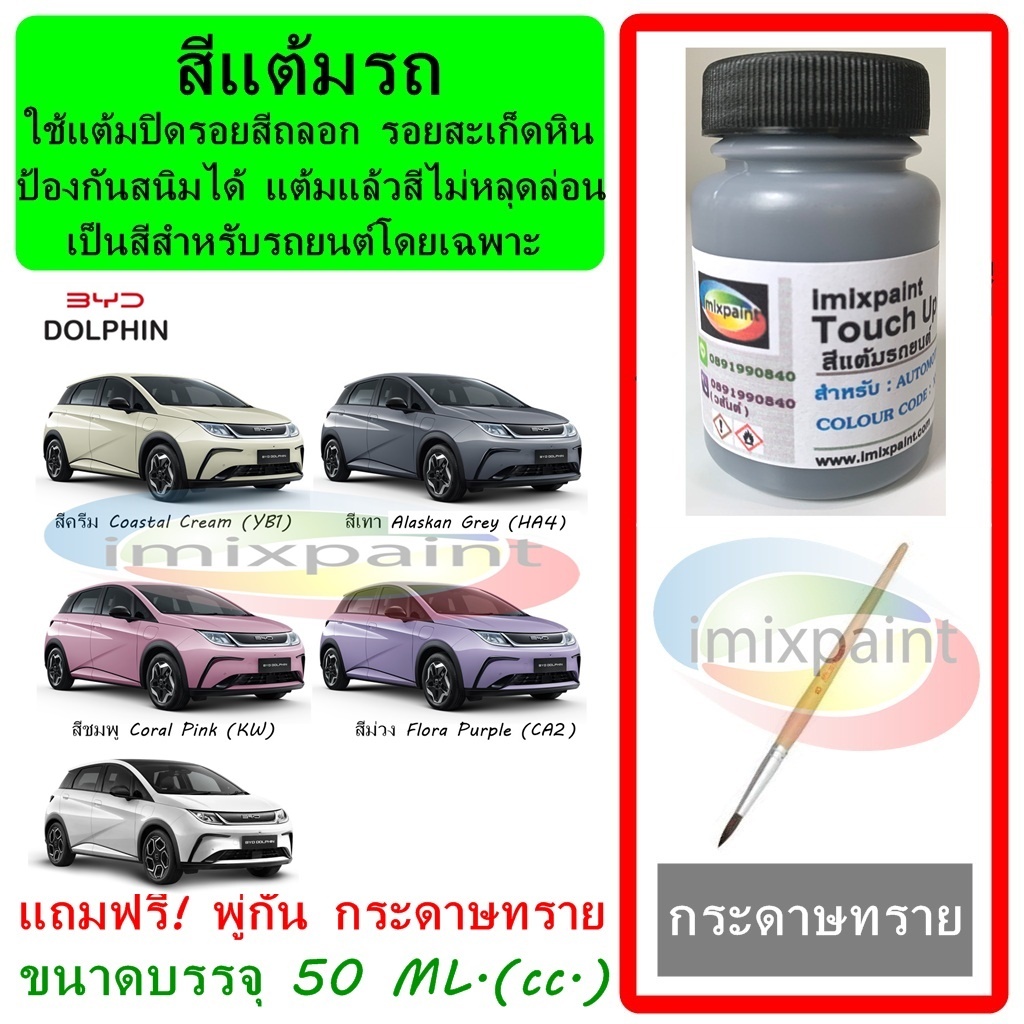 สีแต้มรถ สีซ่อมรถ  BYD DOLPHIN ทุกสี แถมฟรีพู่กันแต้มสีและกระดาษทราย สีคุณภาพจาก imixpaint