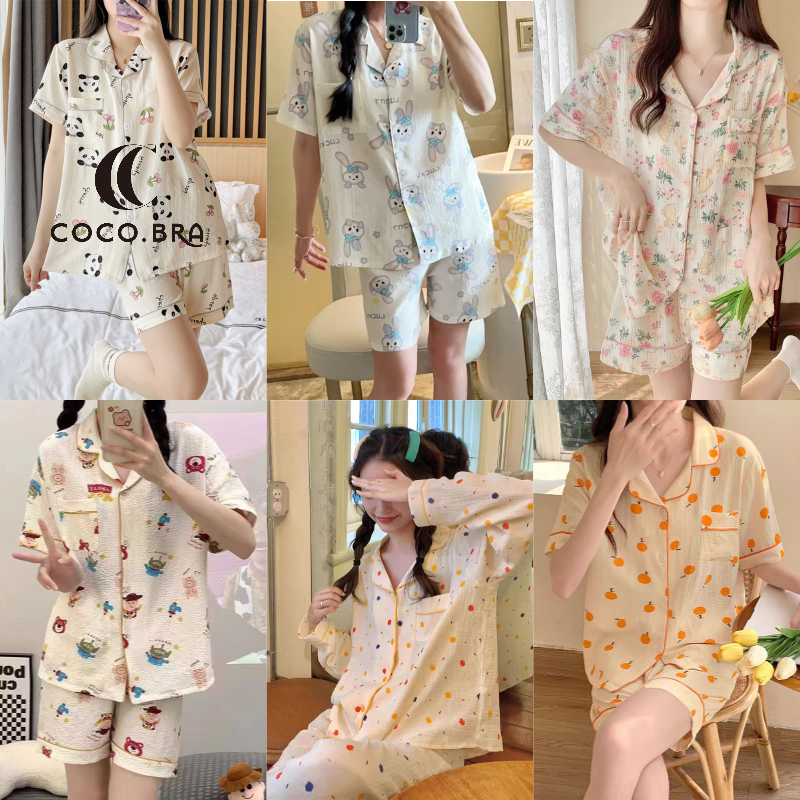 🌸พร้อ​มส่ง🌸ชุดนอนผ้าไหมญี่ปุ่นพรีเมี่ยม แขนสั้น ขาสั้น ลายการ์ตูน