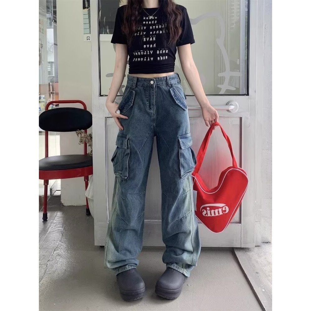 ไซส์ XS-4XL จัดส่งในประเทศไทย กางเกงยีนส์ผู้หญิง ทรงวินเทจ ทรงขาตรง ทรงหลวม มีกระเป๋าข้าง