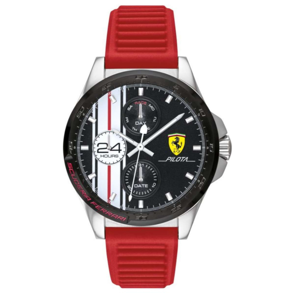 นาฬิกา FERRARI MEN'S 0830657 SCUDERIA PILOTA QUARTZ BLAKC DIAL STAINLESS STEEL RED RUBBER STRAP WATC