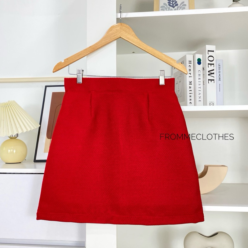 กระโปรงทรงเอผ้าทวิตสีแดง(XS-5XL)