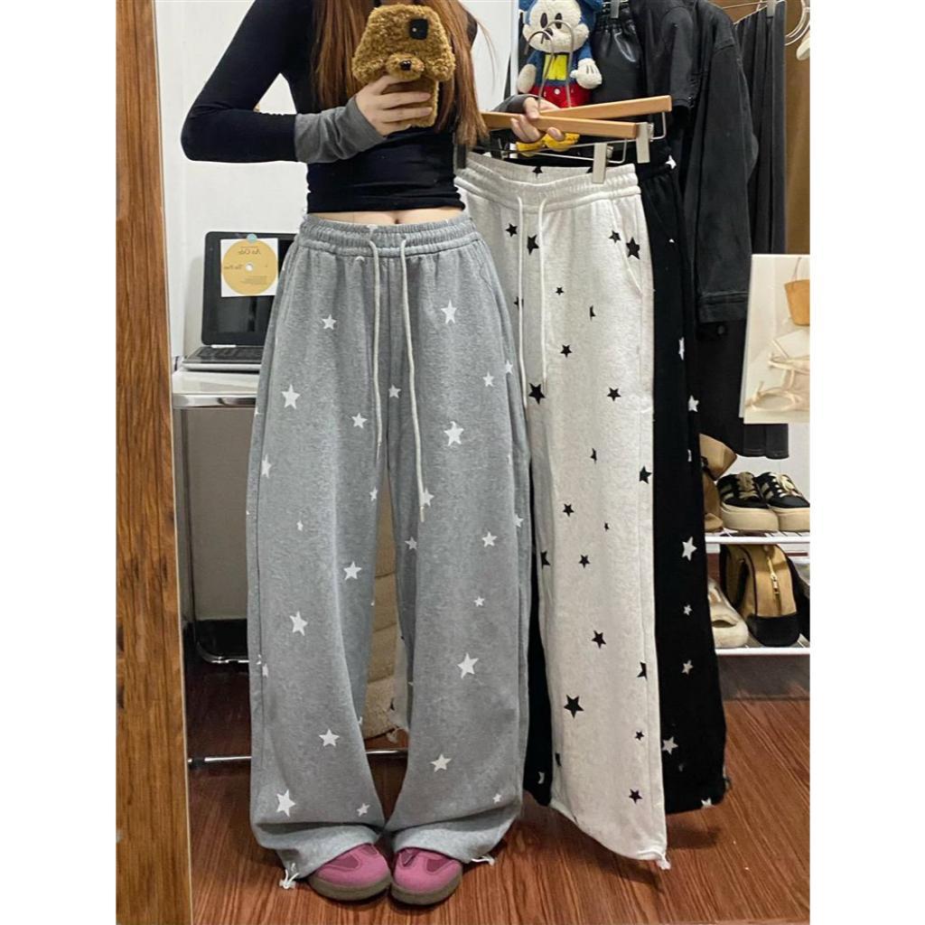 MISSYO กางเกงวอร์มดาว กางเกงขากว้างผู้หญิง กางเกงเอวสูง ลำลอง ทรงหลวม ผ้าคุณภาพสูง - รูปที่ 3