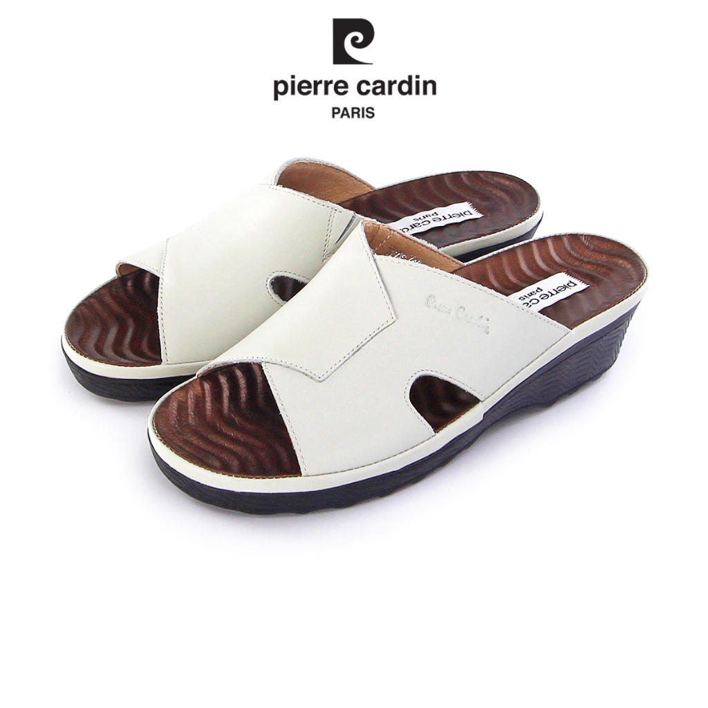 Pierre Cardin รองเท้าผู้หญิง รองเท้าแตะส้นแบน นุ่มสบาย ผลิตจากหนังแท้ สีขาว รุ่น 26WS413