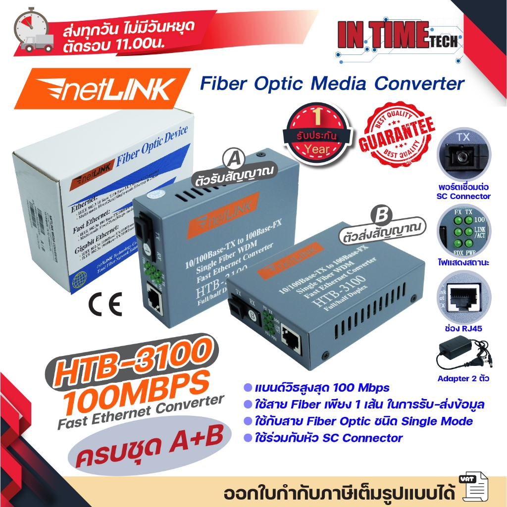 ของแท้ ประกัน 1 ปี Netlink Media Converter 10/100 MBPS HTB-3100 / มีเดีย คอนเวอร์เตอร์