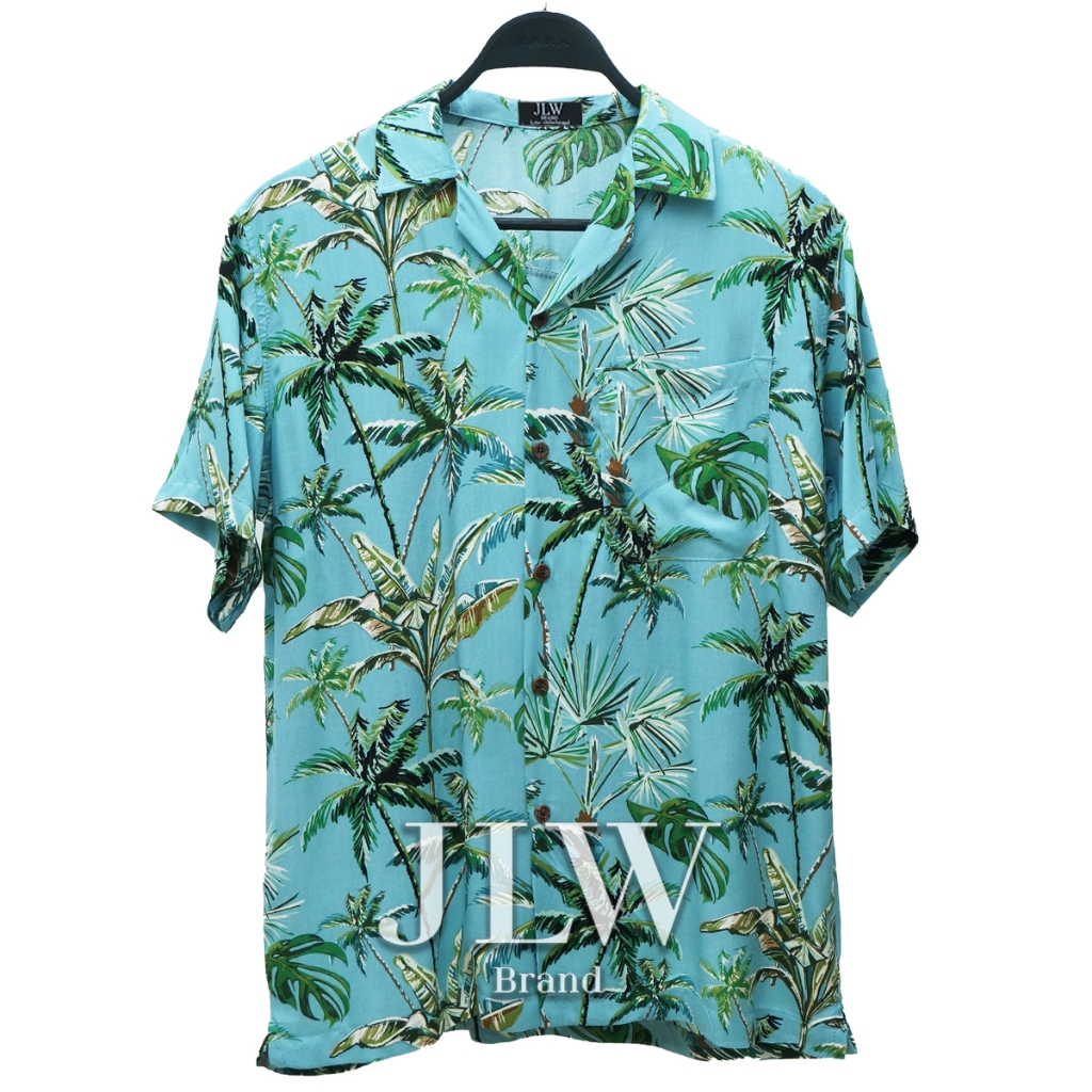 เสื้อฮาวาย ลายมะพร้าวตอง เขียว ผ้านิ่ม M L XL Oversize คอฮาวาย JLW BRAND