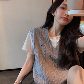 MKL เสื้อกั๊กถักกันหนาว คอวี แขนกุดเย็บปัก ทรงหลวม ผ้ายืดสไต…