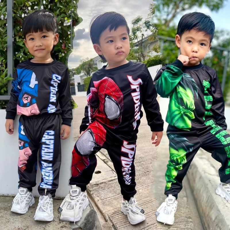 ชุดเซ็ทรุ่นพื้นสีดำ เสื้อแขนยาว+กางเกงขายาว ชุดเด็ก ลายซุปเปอร์ฮีโร่ ผ้าไมโครไฟเบอร์ ปลายขาจั๊ม