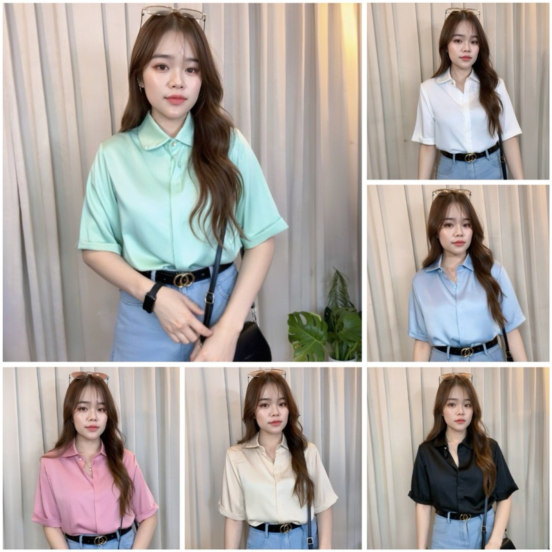 D014 เสื้อเชิ้ตซาตินพรีเมี่ยมคอบัวแขนสั้น งานซ่อนกระดุม แต่งกระดุมเพชร ปลายแขนพับ มี 6สี พร้อมส่ง