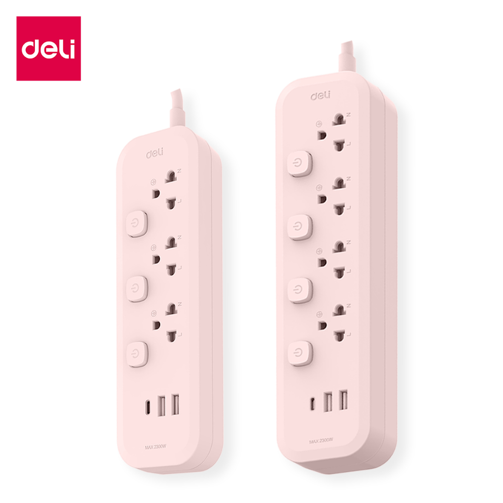 Deli ปลั๊กไฟ USB TypeC 2300W มี มอก รางปลั๊กไฟ 3m พร้อมสวิตช์แยกปลั๊ก มอก ประกัน1ปี Power Socket