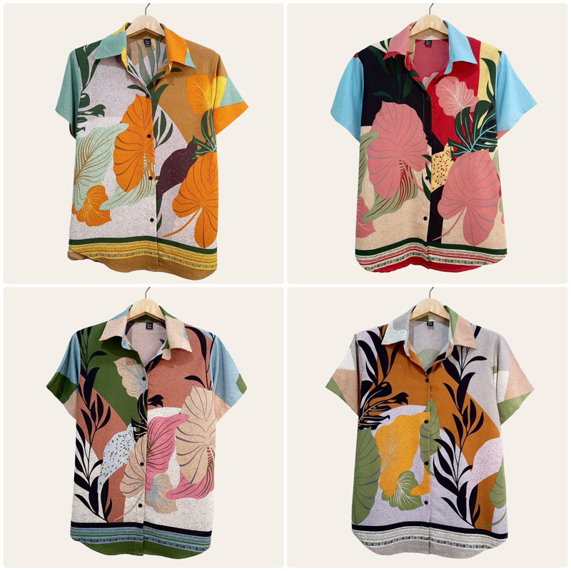 (อก 44“) เสื้อเชิ้ต เเขนสั้น ผ่าหน้า ลายใบ ผ้าไหมอิตาลี ไม่ต้องรีด