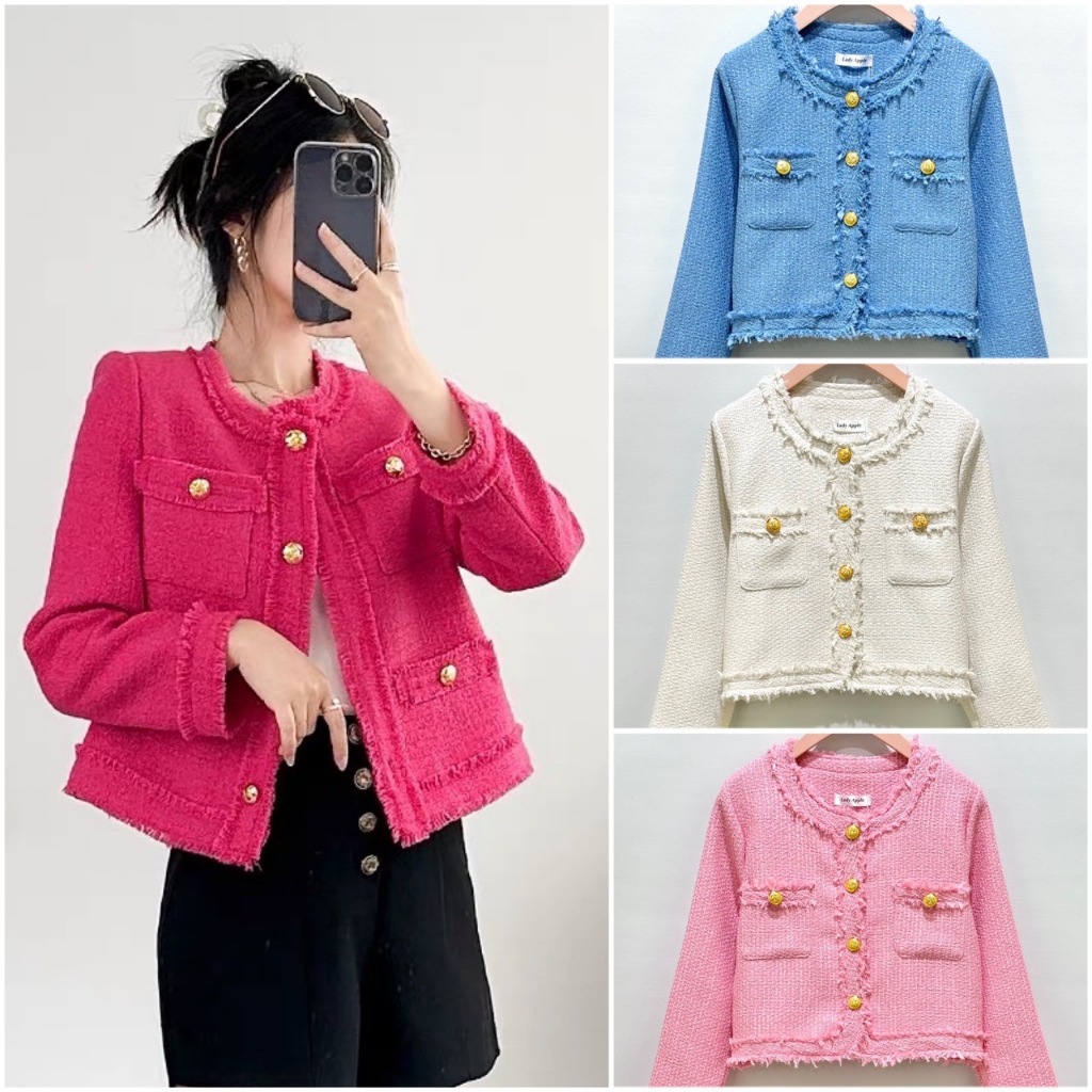 พร้อมส่ง เสื้อทวีตผ้าพื้นสีเรียบมีกระเป๋าที่อก แต่งขอบทั้งตัวใช้กระดุมสีทอง