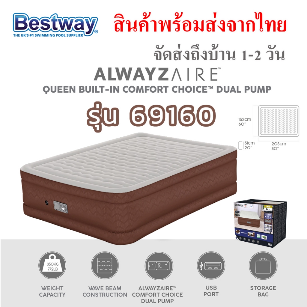 ที่นอน Bestway 69160 โมเดล 2025 (รุ่นท็อป) ขนาด 5 ฟุต ปั้มลมไฟฟ้า ทำงานอัตโนมัติ //พร้อมส่งจากไทย