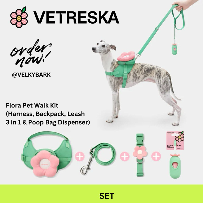 VETRESKA Flora Pet Harness & Backpack 3 In 1 Set ปลอกคอ สายจูง สายรัดอก กระเป๋า สุนัข/แมว