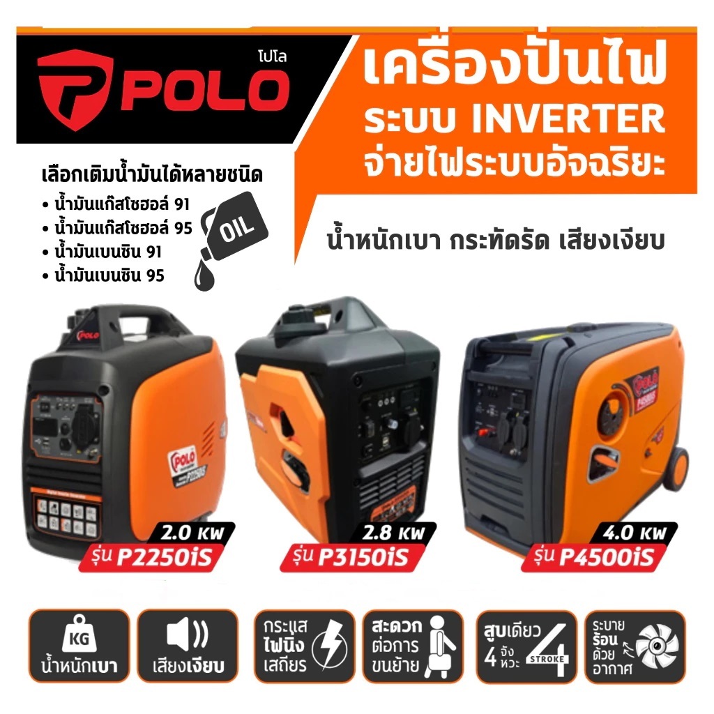 POLO P2250IS 2KW / P3150IS 2.8KW / P4500IS 4KW เครื่องปั่นไฟ Inverter กำลังไฟสูง