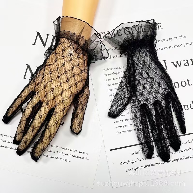 ถุงมือลูกไม้ สีขาวดำ ถุงมืลูกไม้สั้น-ยาว มีทั้งไซส์เด็กและผู้ใหญ่-24-45cm