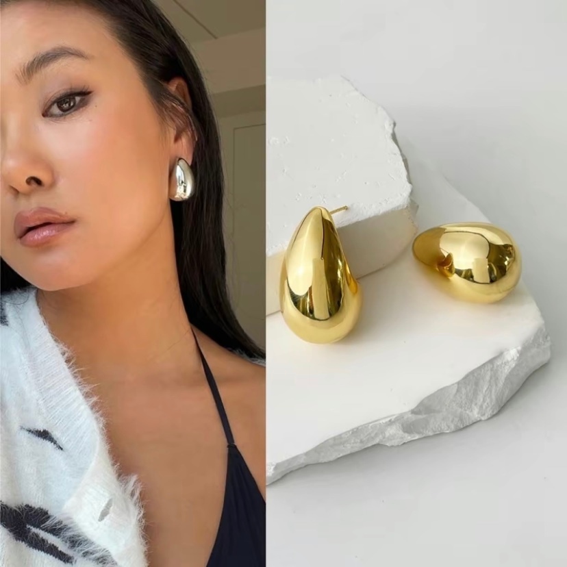 ต่างหูหยดน้ำสีทอง ดีไซน์เรียบง่าย ต่างหู INS สำหรับผู้หญิง พื้นผิวสีเงิน ขนาดใหญ่ เครื่องประดับสำหรับผู้หญิง