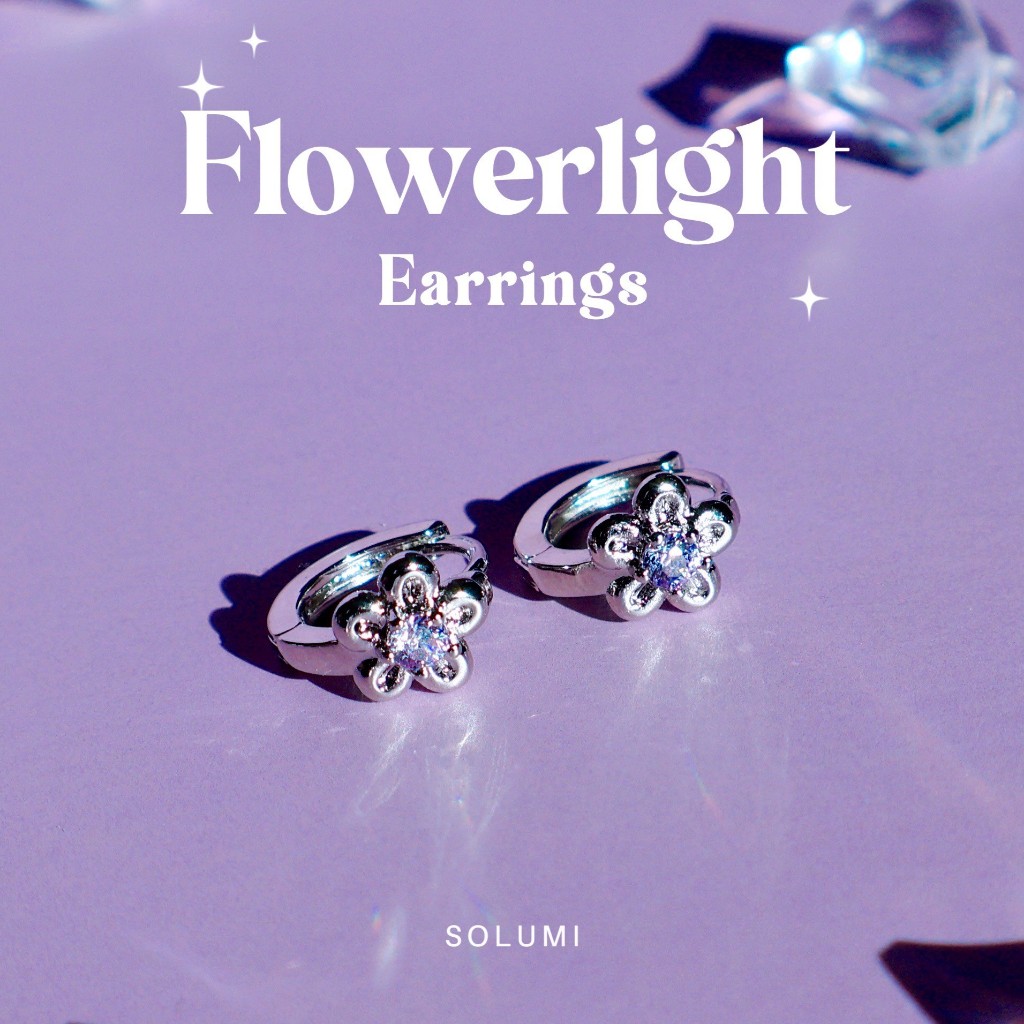 ต่างหูห่วง รูปดอกไม้ ประดับเพชรสีม่วงอ่อน 🪻SOLUMI Flowerlight earrings🪻 ต่างหู Nickel free
