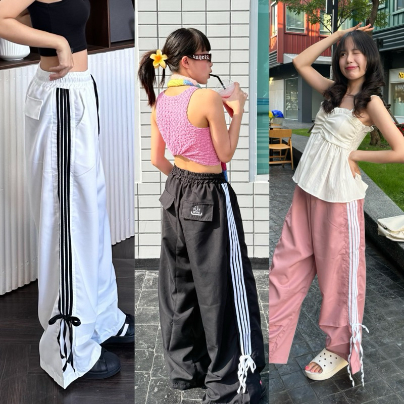 150cm ribbon กางเกงขายาว เอวยางยืด แถบข้าง ผูกโบว์ เท่+น่ารักมาก [playwork.store] (019-วอร์มแถบโบว์)