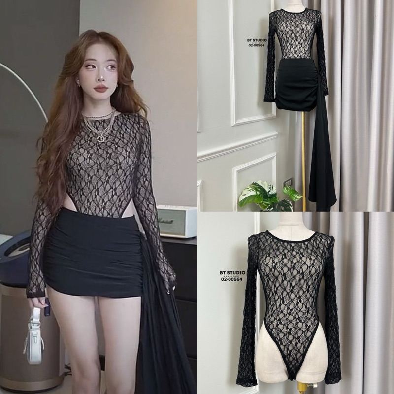 BT studio DETAIL : เซท 2 ชิ้น เสื้อบอดี้สูทงานลูกไม้คอกลมเป็นแป๊ก มาพร้อมกระโปรงสั้นแต่งระบายชายปลายห้อย