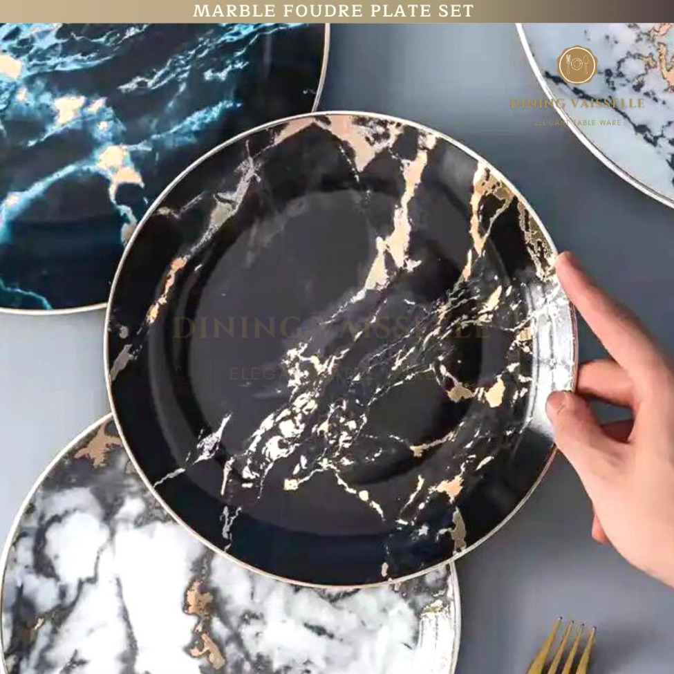 ชุดจาน Marble Foudre ลายหินอ่อนสีดำ ขอบทอง หรูหรา เนื้อPorcelain Ceramic plate อุปกรณ์บนโต๊ะอาหาร
