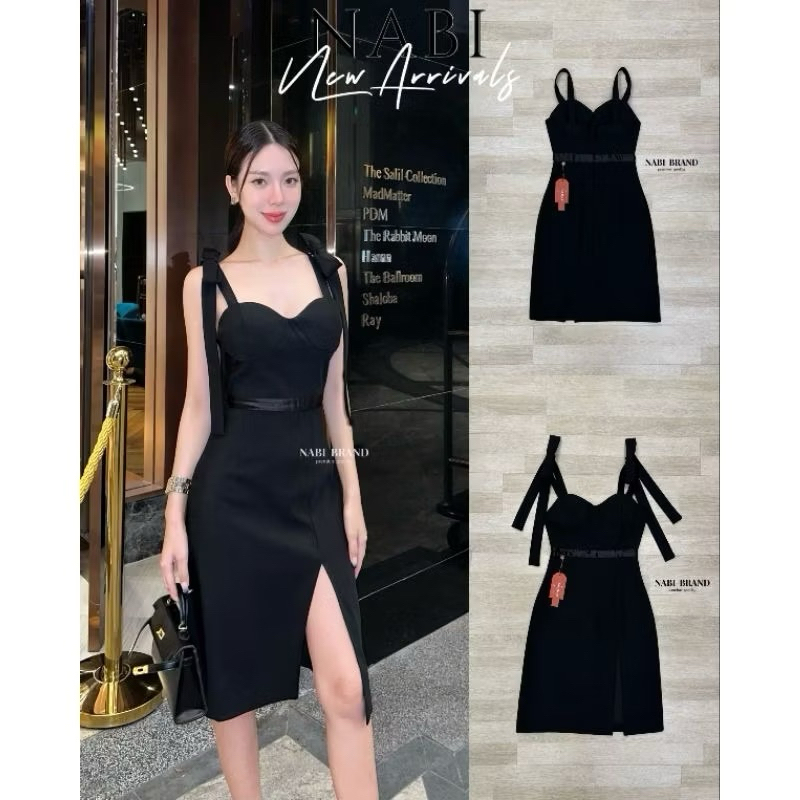 เดรสดำ ผ่าข้าง Nabi brand โบว์ถอดได้ ไซส์ s